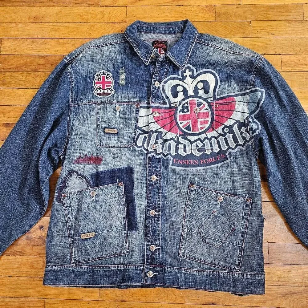 Akademiks Men Jean Jacket Unseen Forces Distressed XXL